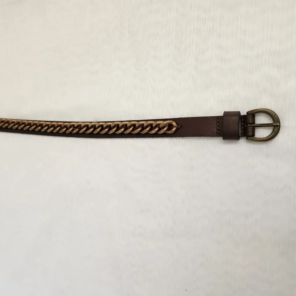Banana Republic Belt Women's M Brown Genuine Leather Copper Chain Biker Belt
